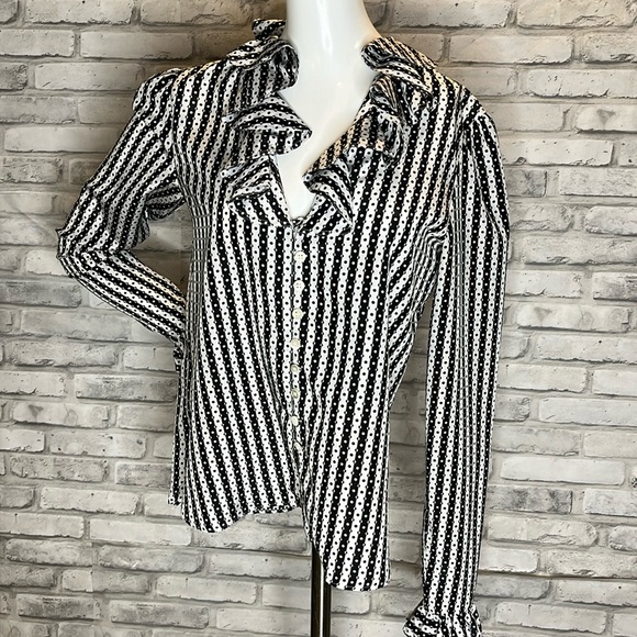 Evan Picone Tops - Evan Picone retro blouse black white polka dot stripe ruffle collar long sleeve